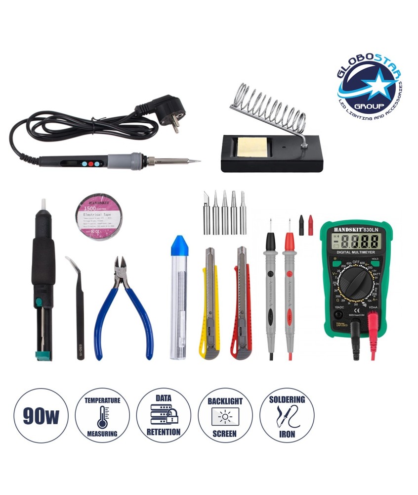 GLOBOSTAR® ELEKIT 79978 Ολοκληρωμένο DIY ΚΙΤ Εργαλείων Ηλεκτρονικού - Κολλητήρι & Βάση, Απορροφητική Τρόμπα Κόλλησης, Πλαγιοκόφτης, Τσιμπιδάκι Tweezer, Πενσέτα, Καλάι Κόλλησης, Κοπίδια, Φαλτσέτες & Ψηφιακό Πολύμετρο